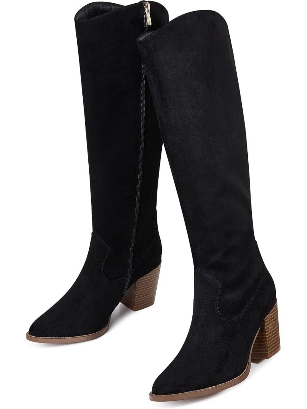 Women's Black Faux Suede Chunky Heel Pointed Toe Side Zipper Knee High Boots